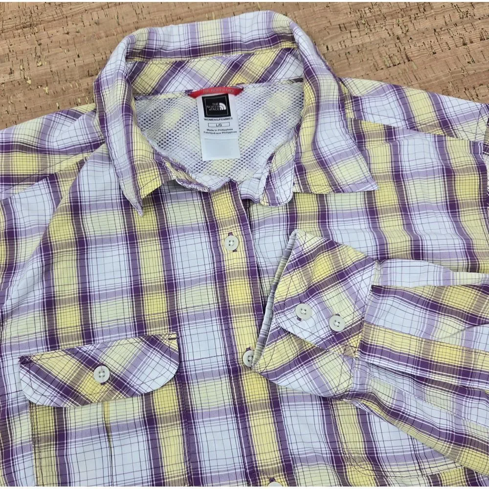 The North Face Shirt Women's L Plaid Vented Capped Vapor Wick Hiking Zip Pocket - Picture 1 of 9